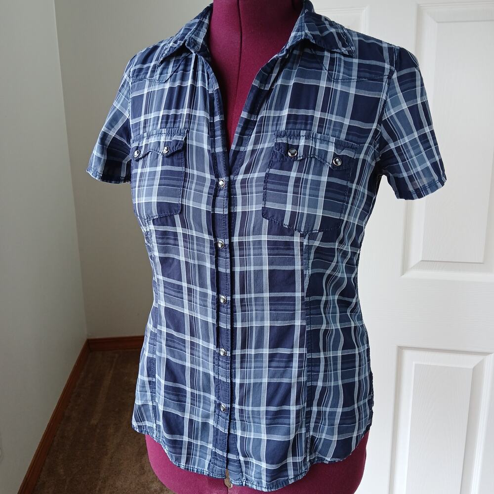 Banana Republic Western Plaid Snap Blouse M Repaired short sleeve blue cotton